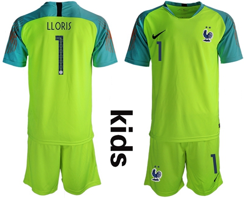 France #1 Lloris Shiny Green Goalkeeper Kid Soccer Country Jersey